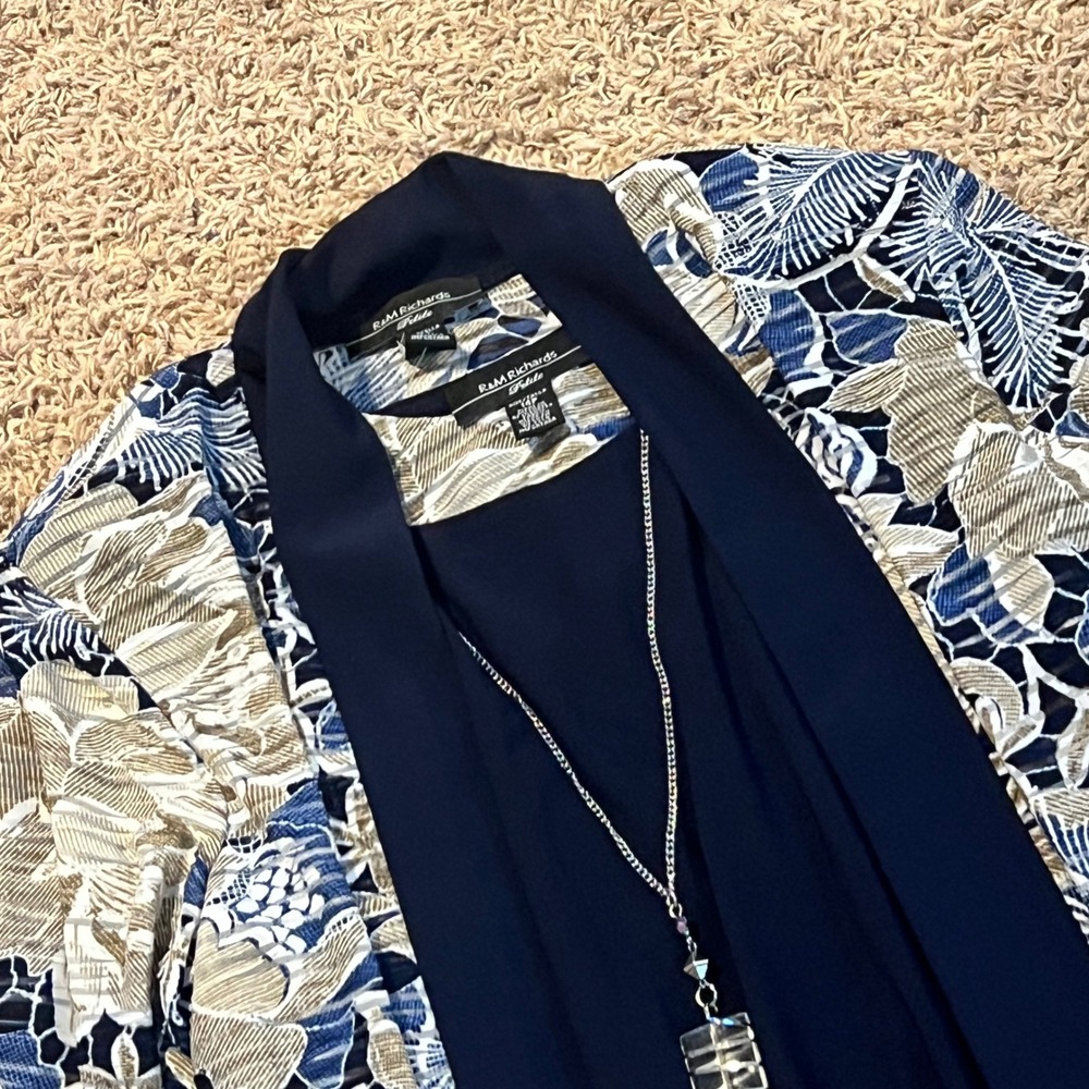 R&M Richards Navy Taupe Floral Jacket‎ Dress Set 14P Petite 7283P NWT